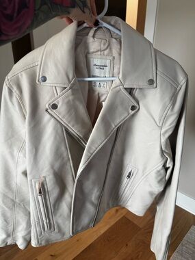 Abercrombie & Fitch Cream faux Leather Moto Jacket with Asymmetrical Zip